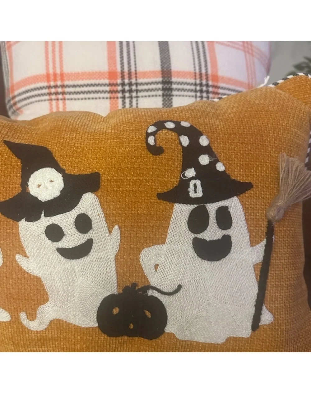 Halloween Ghost Embroidered Lumbar Throw Pillow Orange Witchy Fall Decor